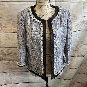 Lafayette 148 Tweed Blazer Leather Trim Size 4 Snap Closure Jacket
